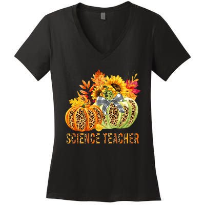 Leopard Pumpkins Science Teacher Fall Autumn Thanksgiving Women's V-Neck T-Shirt