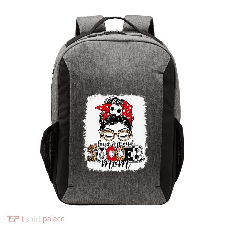 Loud & Proud Soccer Mom Messy Bun Mothers Leopard Bleached Vector Backpack