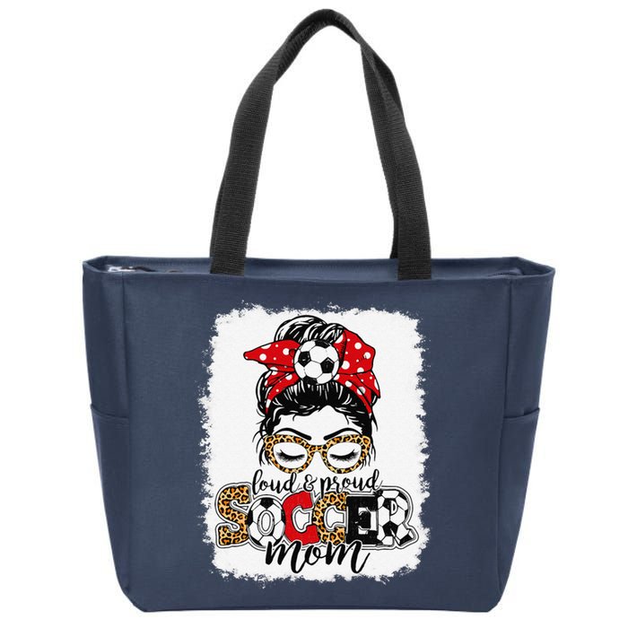 Loud & Proud Soccer Mom Messy Bun Mothers Leopard Bleached Zip Tote Bag