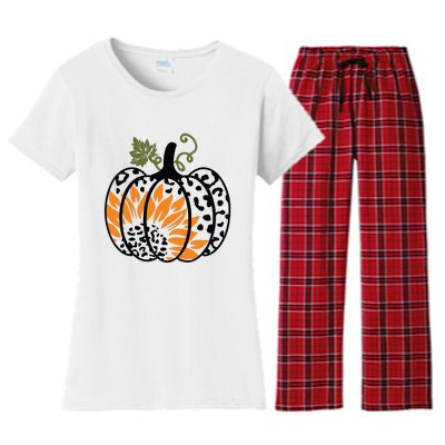 Leopard Pumpkin Sunflower Fall Autumn Halloween Thanksgiving Women's Flannel Pajama Set