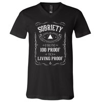 Living Proof Sobriety Anniversary Sober AA NA Recovery V-Neck T-Shirt