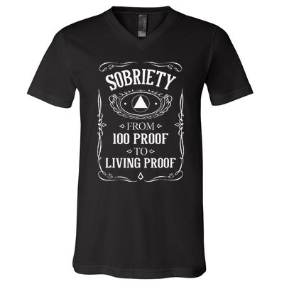 Living Proof Sobriety Anniversary Sober AA NA Recovery V-Neck T-Shirt