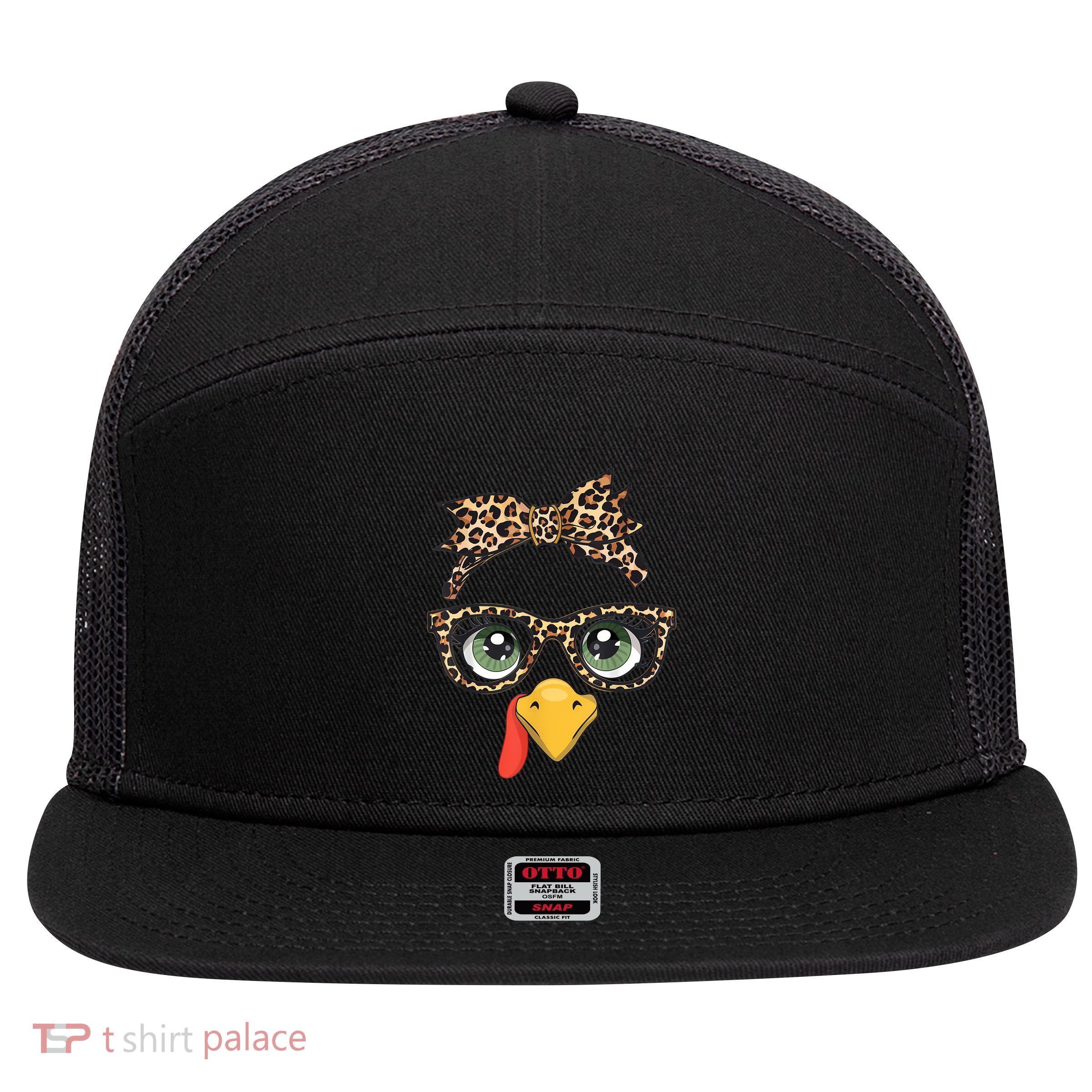 Leopard Print Thanksgiving Turkey Face Glasses Women Girl 7 Panel Mesh Trucker Snapback Hat