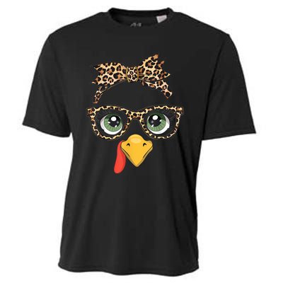 Leopard Print Thanksgiving Turkey Face Glasses Women Girl Cooling Performance Crew T-Shirt