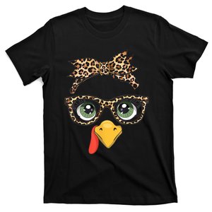 Leopard Print Thanksgiving Turkey Face Glasses Women Girl T-Shirt