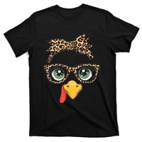 Leopard Print Thanksgiving Turkey Face Glasses Women Girl T-Shirt