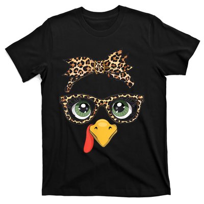 Leopard Print Thanksgiving Turkey Face Glasses Women Girl T-Shirt