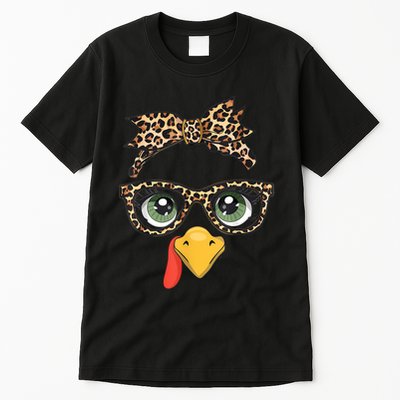 Leopard Print Thanksgiving Turkey Face Glasses Women Girl Tall T-Shirt