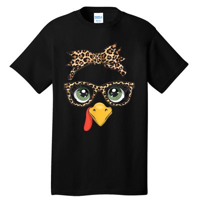 Leopard Print Thanksgiving Turkey Face Glasses Women Girl Tall T-Shirt