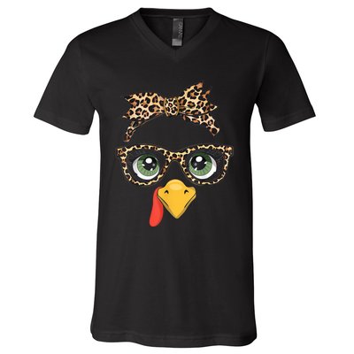 Leopard Print Thanksgiving Turkey Face Glasses Women Girl V-Neck T-Shirt