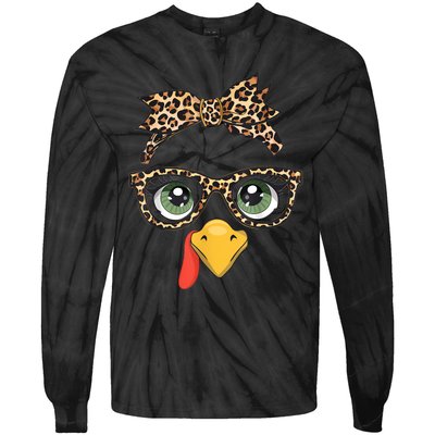 Leopard Print Thanksgiving Turkey Face Glasses Women Girl Tie-Dye Long Sleeve Shirt