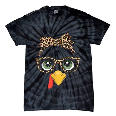 Leopard Print Thanksgiving Turkey Face Glasses Women Girl Tie-Dye T-Shirt