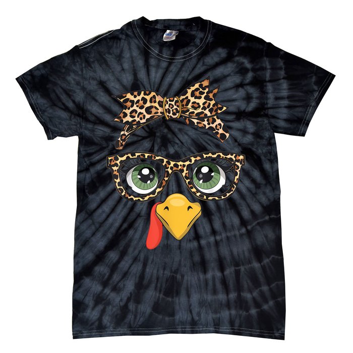 Leopard Print Thanksgiving Turkey Face Glasses Women Girl Tie-Dye T-Shirt