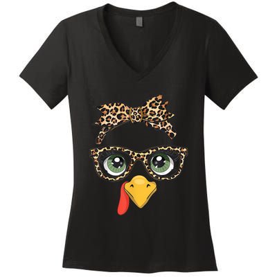 Leopard Print Thanksgiving Turkey Face Glasses Women Girl Women's V-Neck T-Shirt