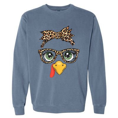 Leopard Print Thanksgiving Turkey Face Glasses Women Girl Garment-Dyed Sweatshirt