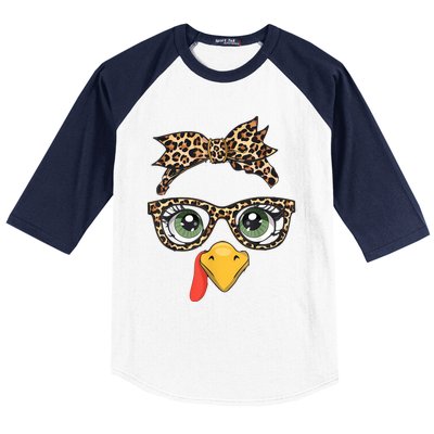 Leopard Print Thanksgiving Turkey Face Glasses Women Girl Baseball Sleeve Shirt