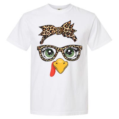 Leopard Print Thanksgiving Turkey Face Glasses Women Girl Garment-Dyed Heavyweight T-Shirt