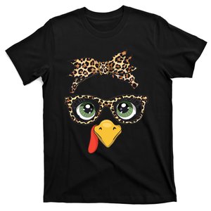 Leopard Print Thanksgiving Turkey Face Glasses Women T-Shirt