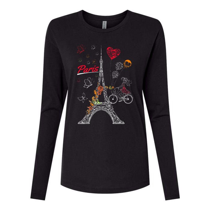 Love Paris Theme Travel France Flower Eiffel Tower Womens Cotton Relaxed Long Sleeve T-Shirt