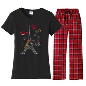 Love Paris Theme Travel France Flower Eiffel Tower Women's Flannel Pajama Set