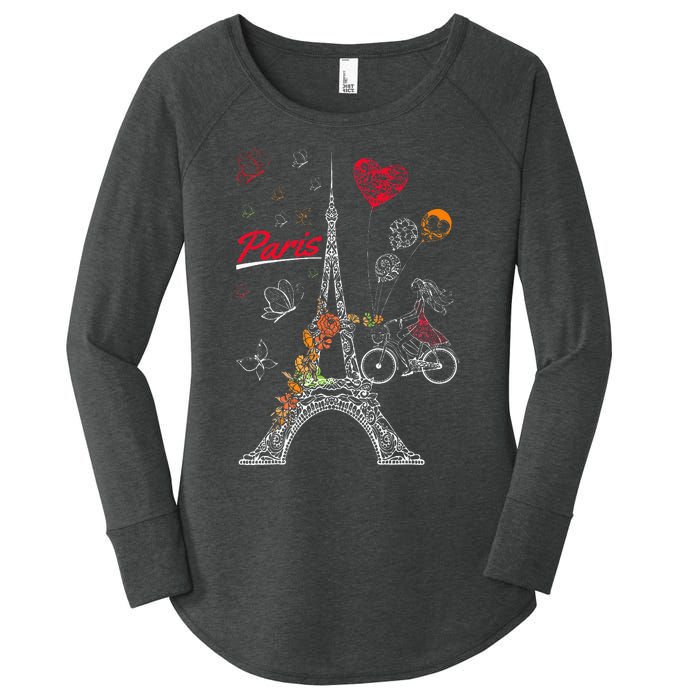 Love Paris Theme Travel France Flower Eiffel Tower Women's Perfect Tri Tunic Long Sleeve Shirt