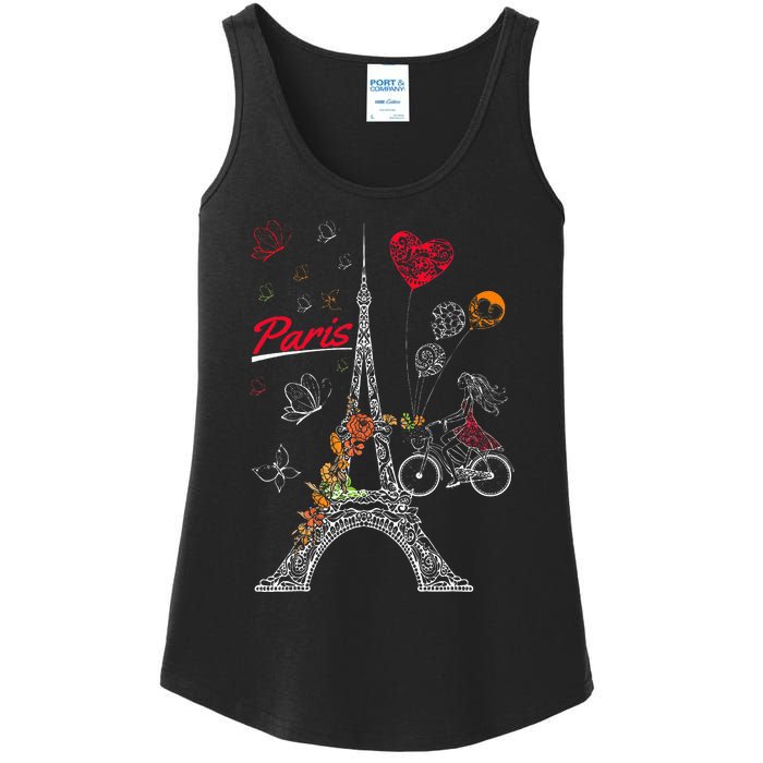 Love Paris Theme Travel France Flower Eiffel Tower Ladies Essential Tank