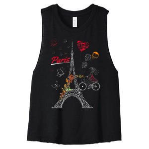 Love Paris Theme Travel France Flower Eiffel Tower Women's Racerback Cropped Tank