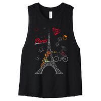 Love Paris Theme Travel France Flower Eiffel Tower Women's Racerback Cropped Tank