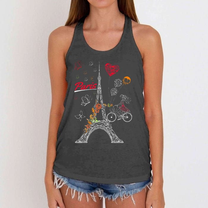 Love Paris Theme Travel France Flower Eiffel Tower Women's Knotted Racerback Tank