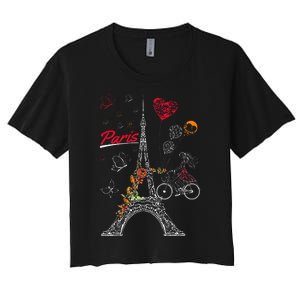 Love Paris Theme Travel France Flower Eiffel Tower Women's Crop Top Tee