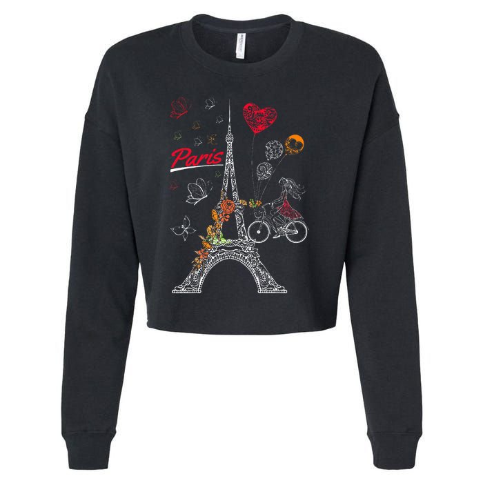 Love Paris Theme Travel France Flower Eiffel Tower Cropped Pullover Crew