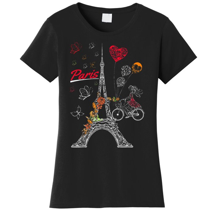 Love Paris Theme Travel France Flower Eiffel Tower Women's T-Shirt