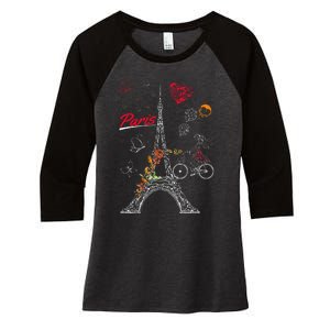 Love Paris Theme Travel France Flower Eiffel Tower Women's Tri-Blend 3/4-Sleeve Raglan Shirt