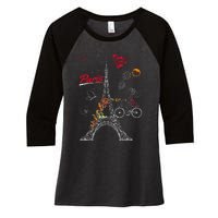 Love Paris Theme Travel France Flower Eiffel Tower Women's Tri-Blend 3/4-Sleeve Raglan Shirt