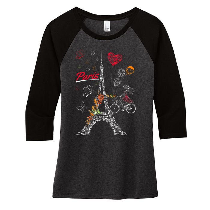 Love Paris Theme Travel France Flower Eiffel Tower Women's Tri-Blend 3/4-Sleeve Raglan Shirt