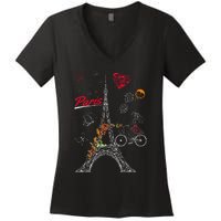 Love Paris Theme Travel France Flower Eiffel Tower Women's V-Neck T-Shirt