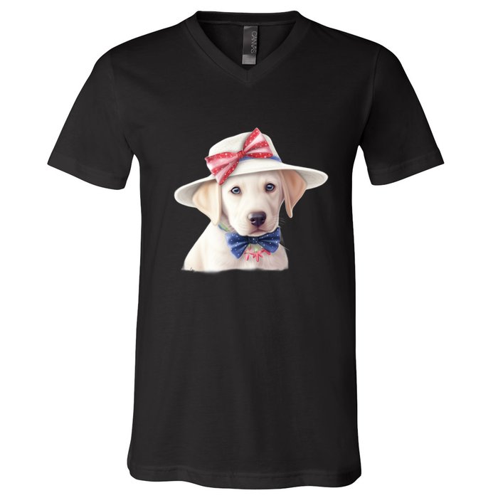 Labrador Puppy USA Flag American Dogs Patriotic 4th Of July V-Neck T-Shirt