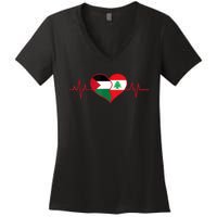 Lebanon Palestine Unity Heartbeat Lebanese Palestinian Flag Women's V-Neck T-Shirt