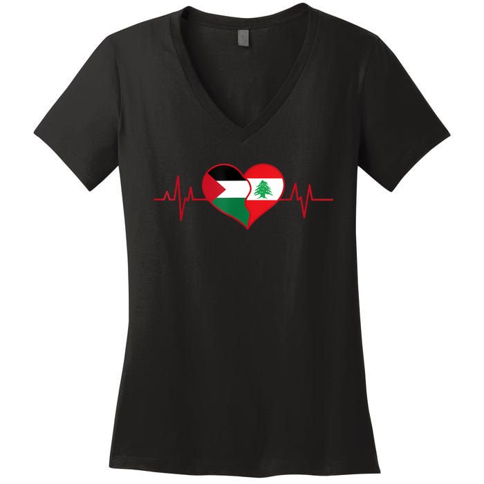 Lebanon Palestine Unity Heartbeat Lebanese Palestinian Flag Women's V-Neck T-Shirt