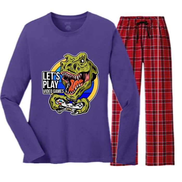 Lets Play Video Games T Rex Women's Long Sleeve Flannel Pajama Set 