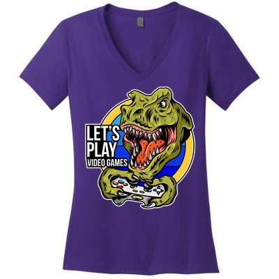 Lets Play Video Games T Rex Women's V-Neck T-Shirt