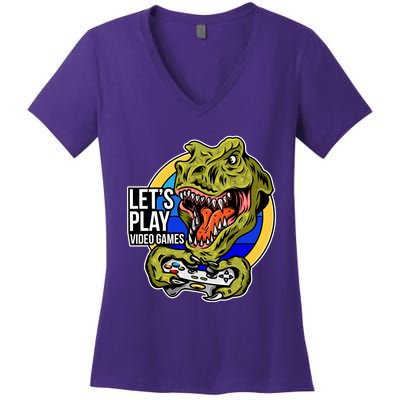 Lets Play Video Games T Rex Women's V-Neck T-Shirt