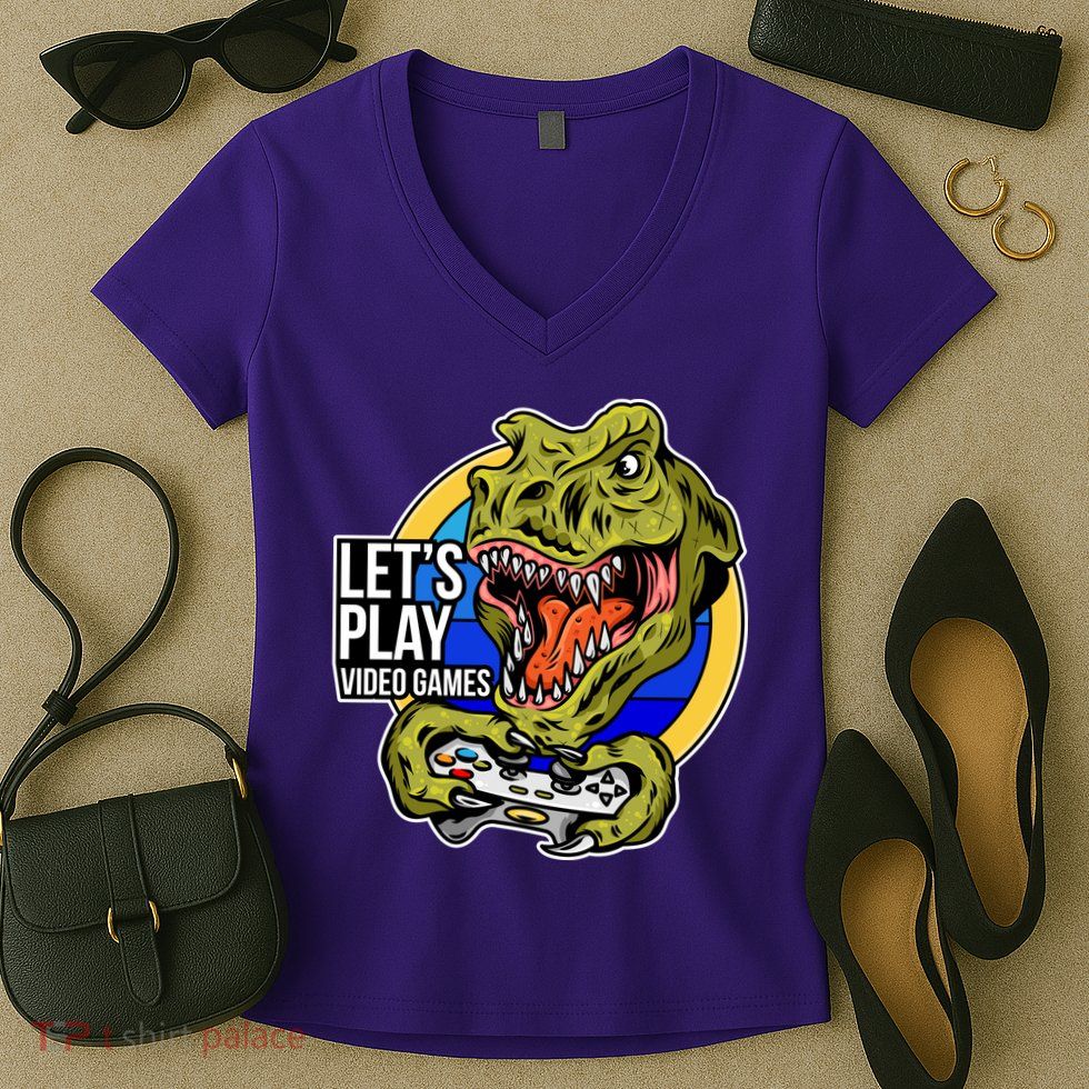 Lets Play Video Games T Rex Women's V-Neck T-Shirt