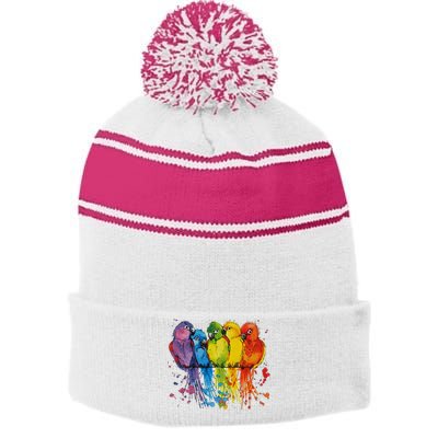 Love Parrot Women Parrot Lovers Stripe Pom Pom Beanie