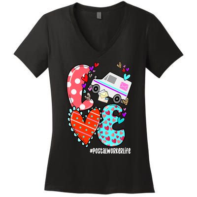 Love Postal Worker Life Leopard Heart ValentineS Day Gifts Women's V-Neck T-Shirt