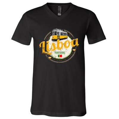 Lisbon Portugal With Retro Tram Vintage Souvenir V-Neck T-Shirt