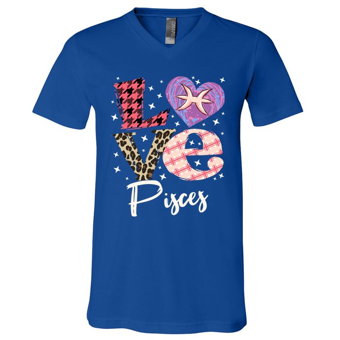 Love Pisces Zodiac Sign And Love Heart Funny Gift V-Neck T-Shirt