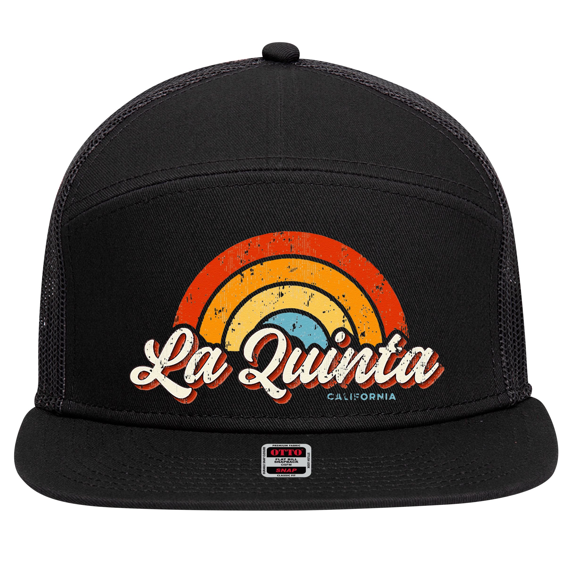 La Quinta California CA Vintage Rainbow Retro 70s 7 Panel Mesh Trucker Snapback Hat