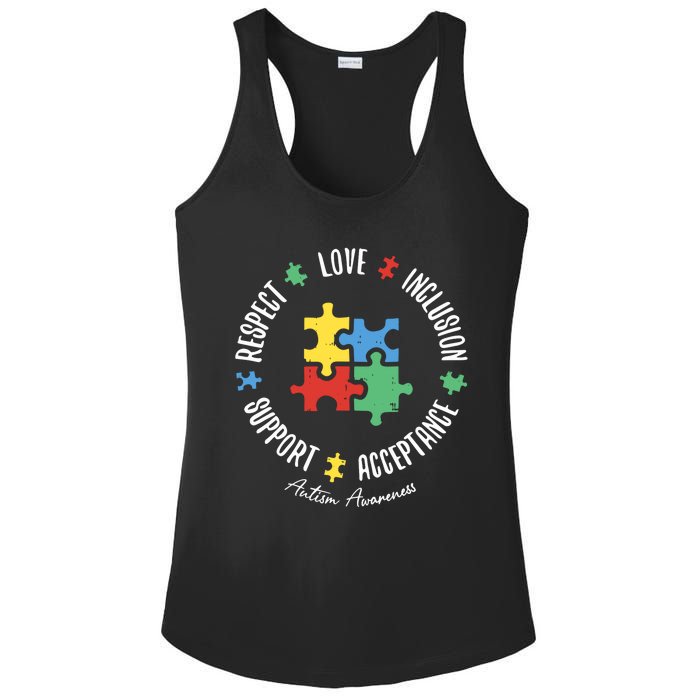 Love Respect Acceptance Support Autism Awareness Ladies PosiCharge Competitor Racerback Tank