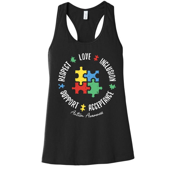 Love Respect Acceptance Support Autism Awareness Women's Racerback Tank